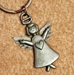 Vintage Angel with a Heart Pewter? Keychain  Gray Unisex 3" Wings Gown